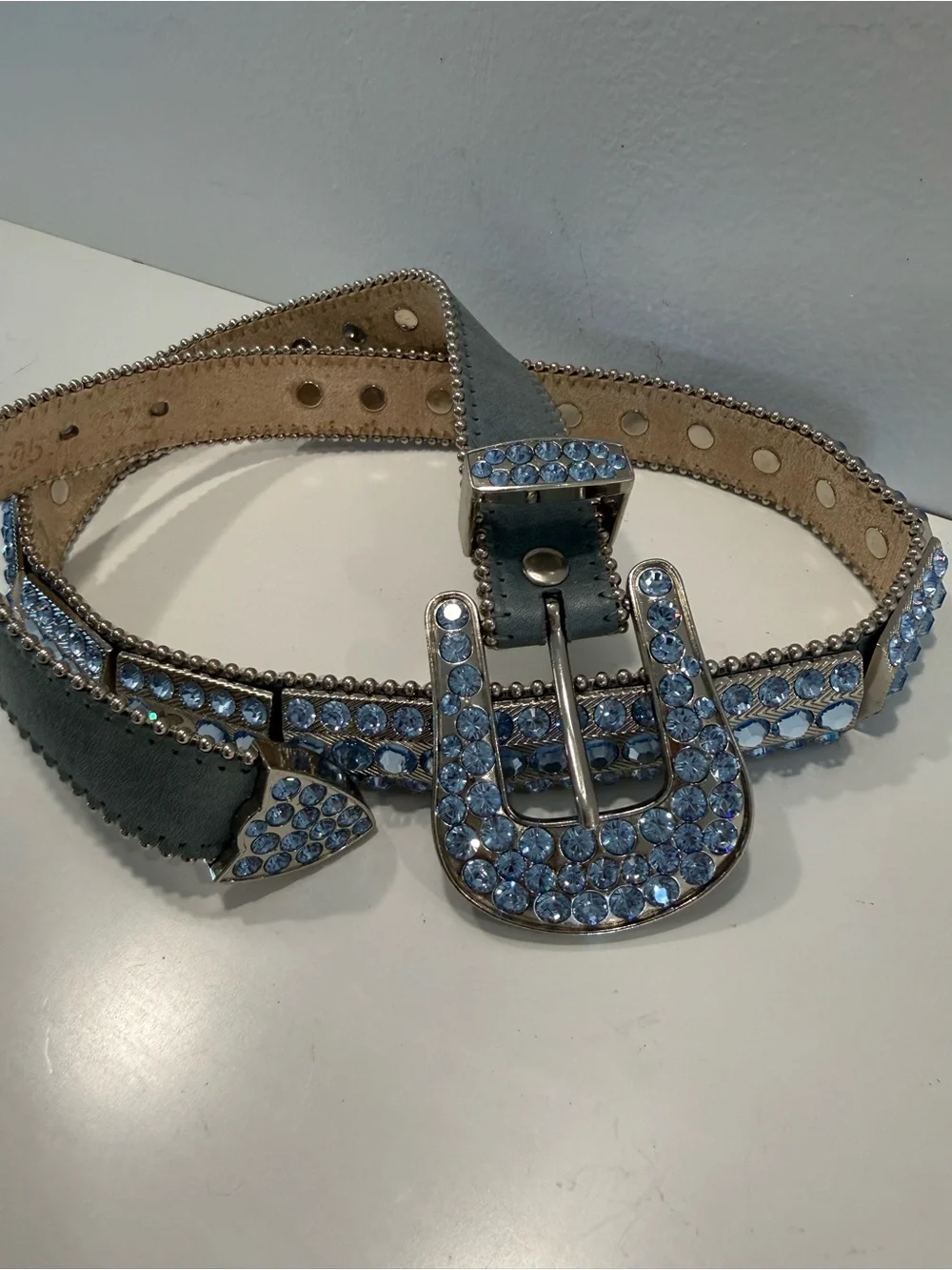 B.B. Simon Swarovski Crystal Embellished Light Blue Leather Belt - Women’s